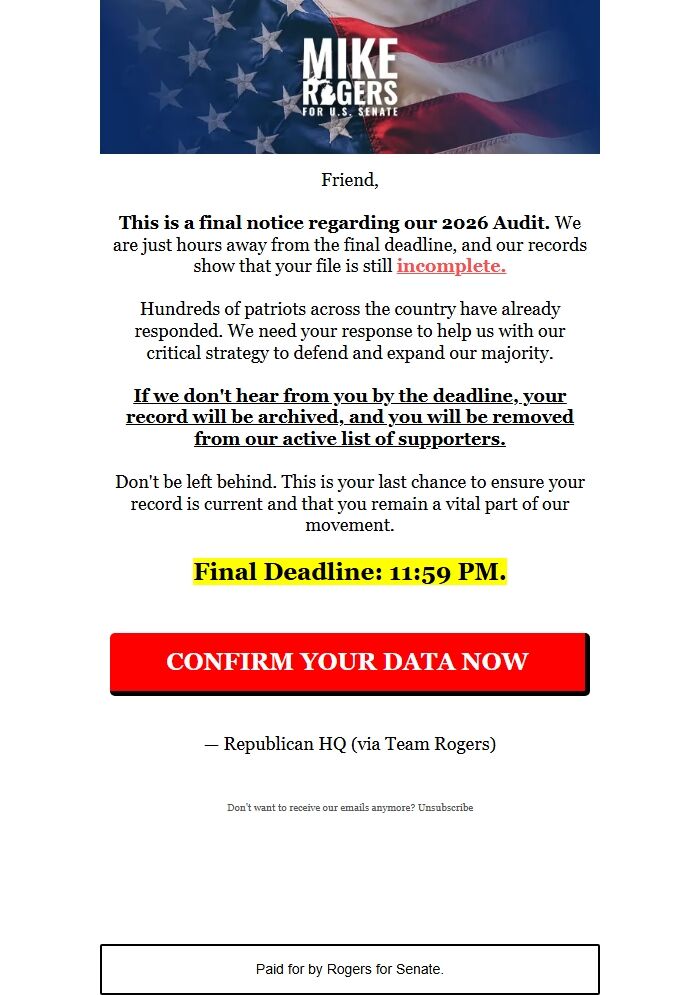 Screenshot of the email generated on import