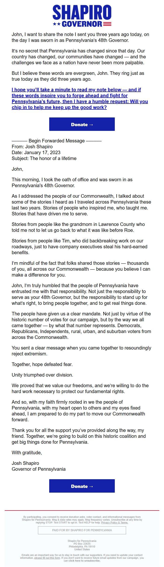 Screenshot of the email generated on import