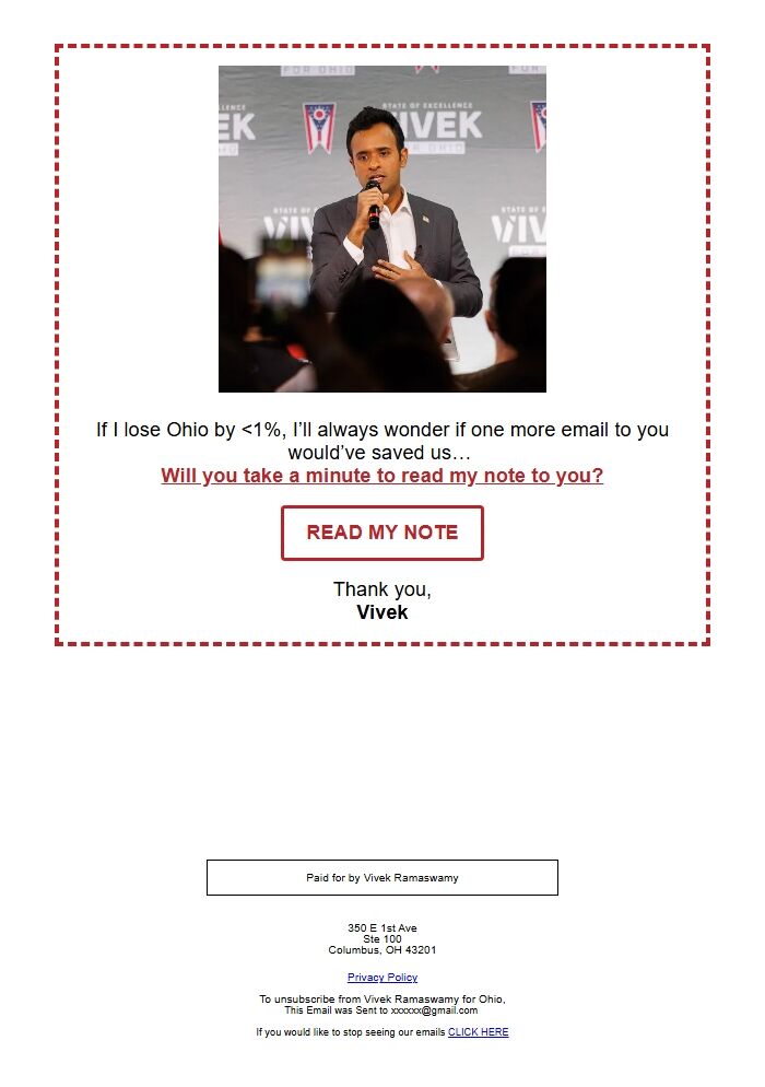 Screenshot of the email generated on import