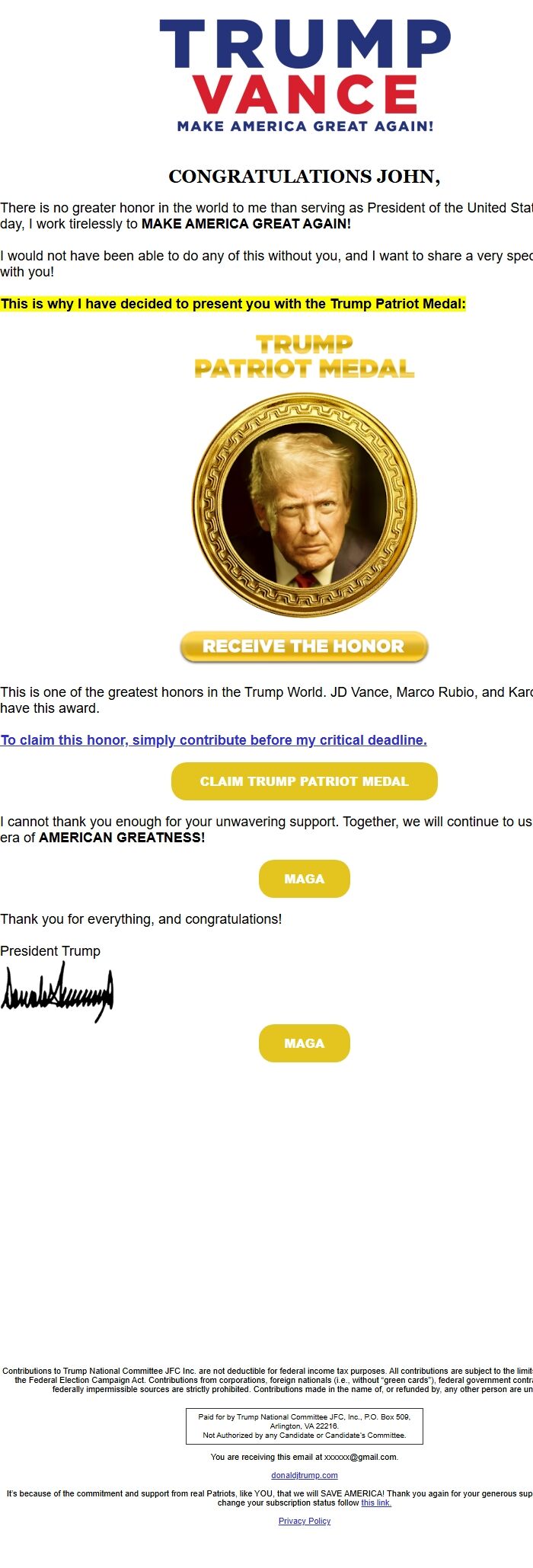 Screenshot of the email generated on import