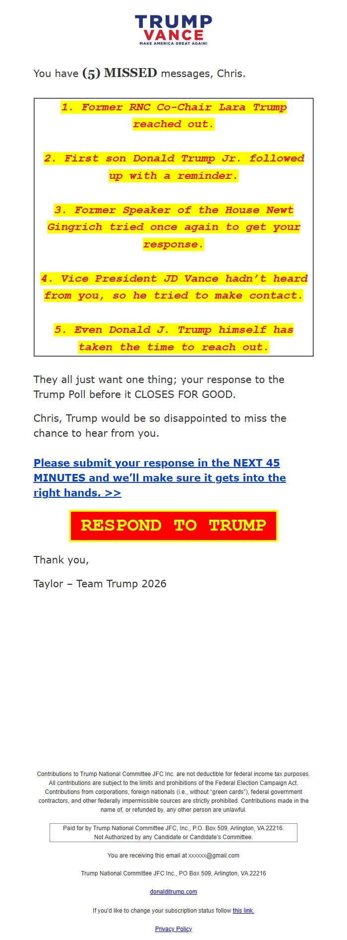 Screenshot of the email generated on import