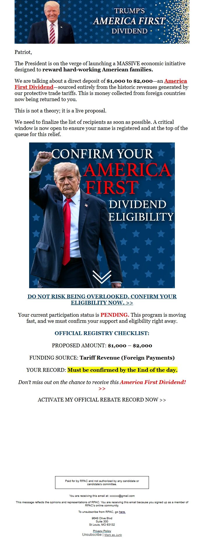 Screenshot of the email generated on import