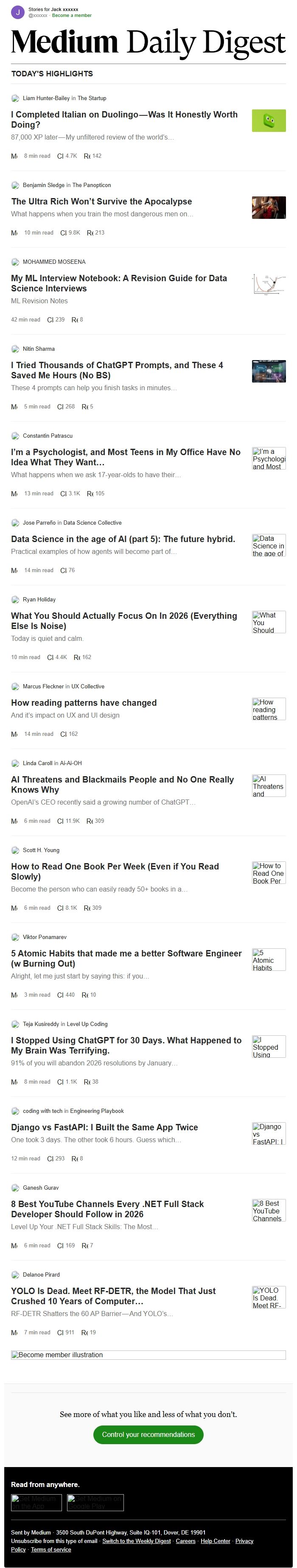 Screenshot of the email generated on import