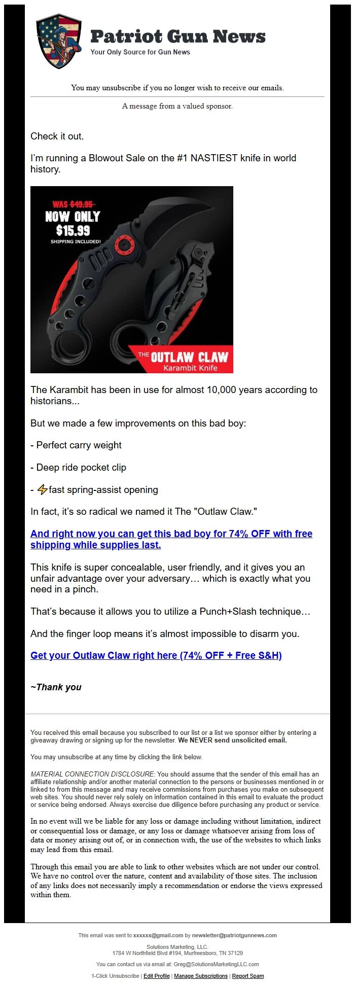 Screenshot of the email generated on import