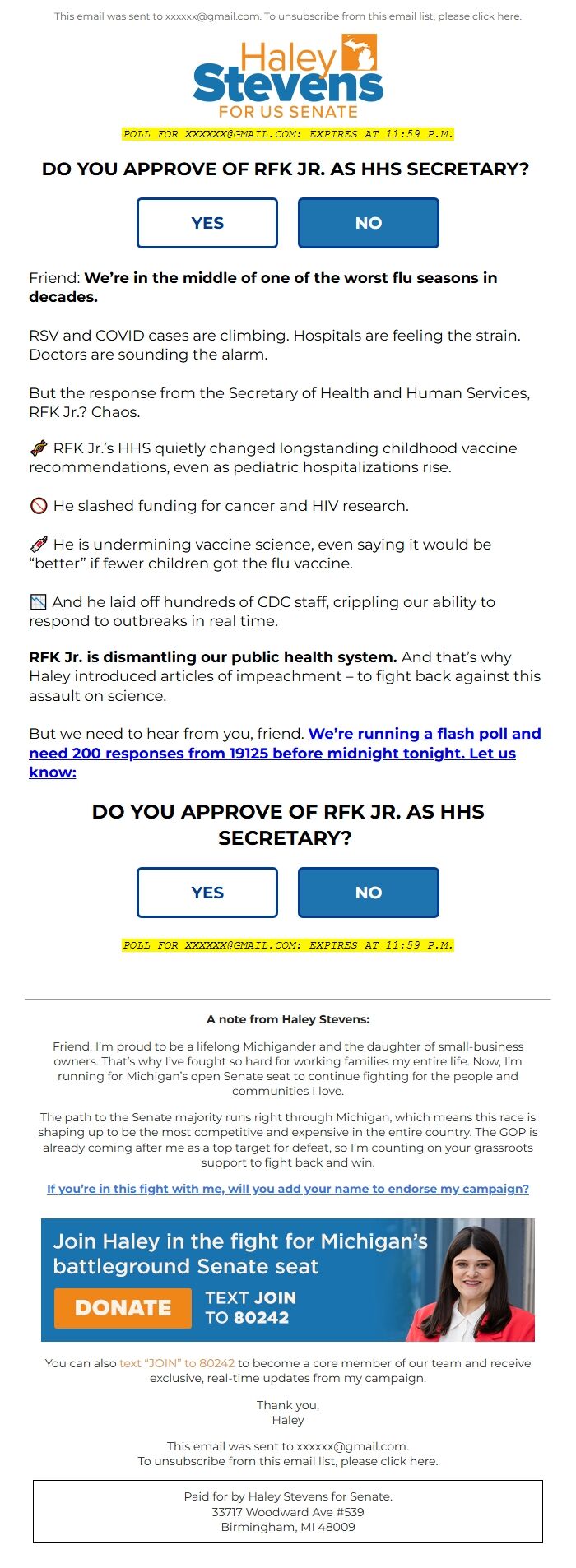 Screenshot of the email generated on import