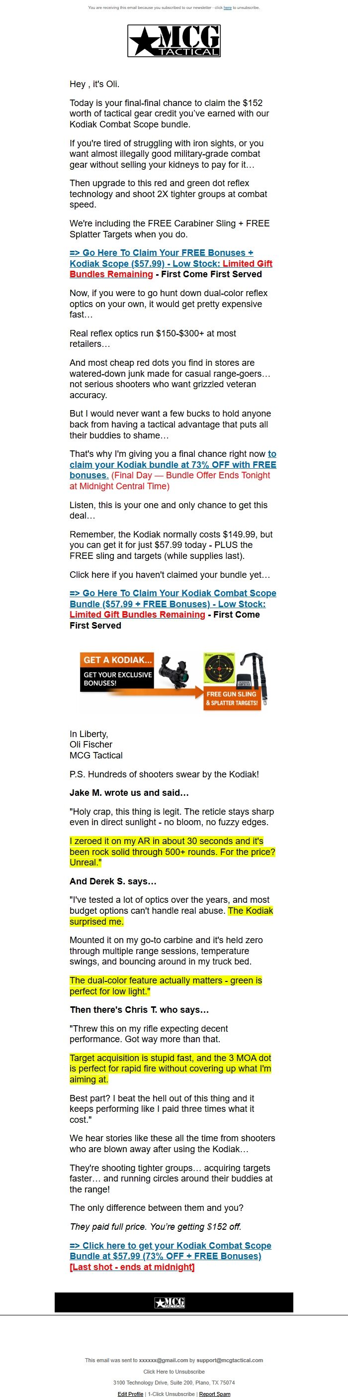 Screenshot of the email generated on import