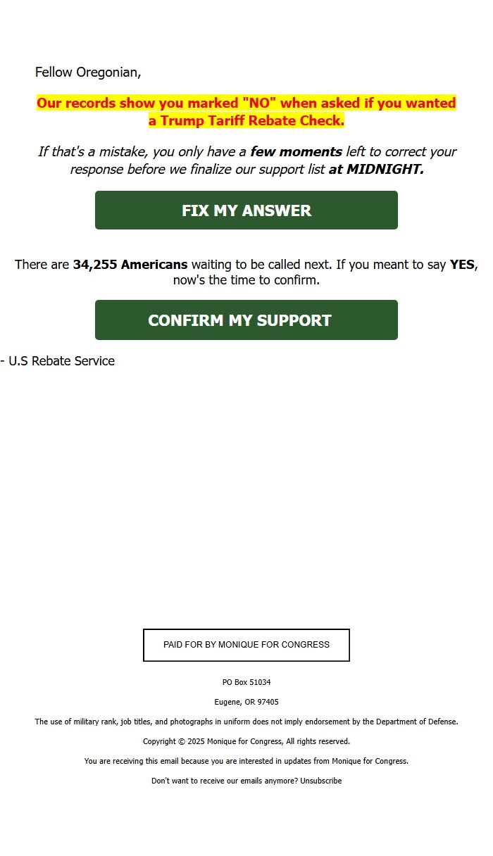 Screenshot of the email generated on import