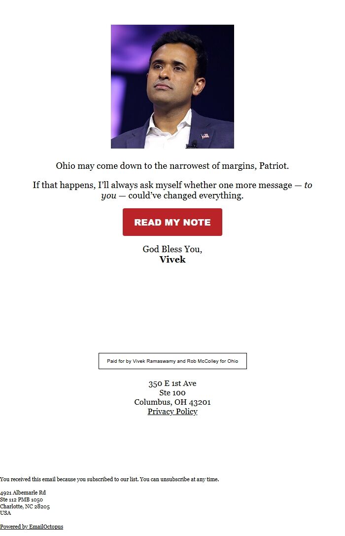 Screenshot of the email generated on import