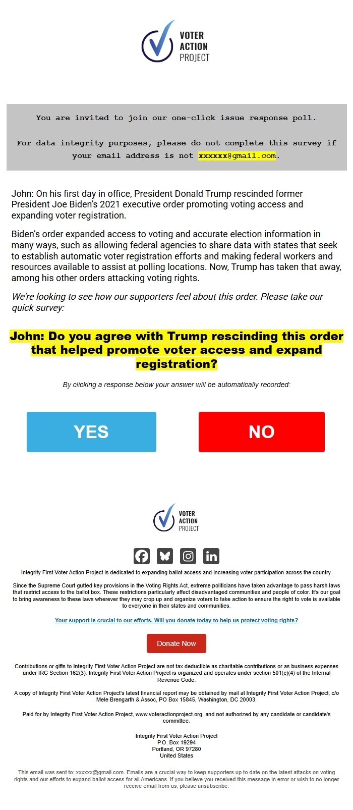 Screenshot of the email generated on import