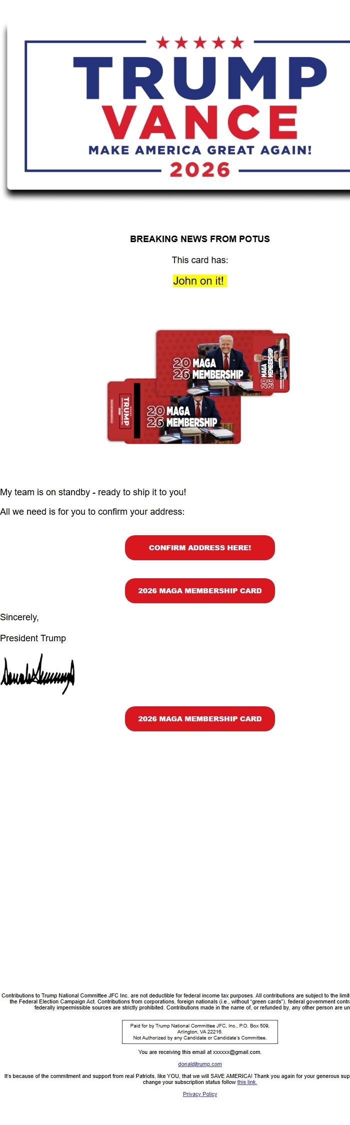 Screenshot of the email generated on import