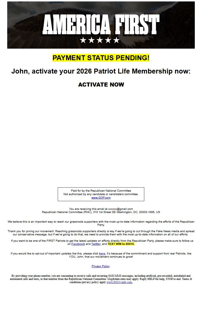 Screenshot of the email generated on import