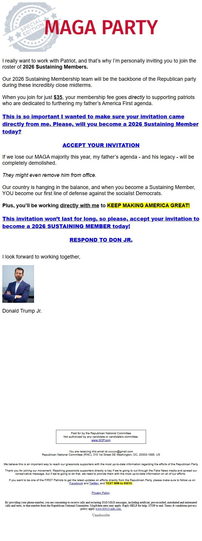 Screenshot of the email generated on import