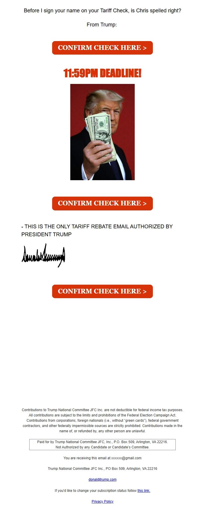 Screenshot of the email generated on import