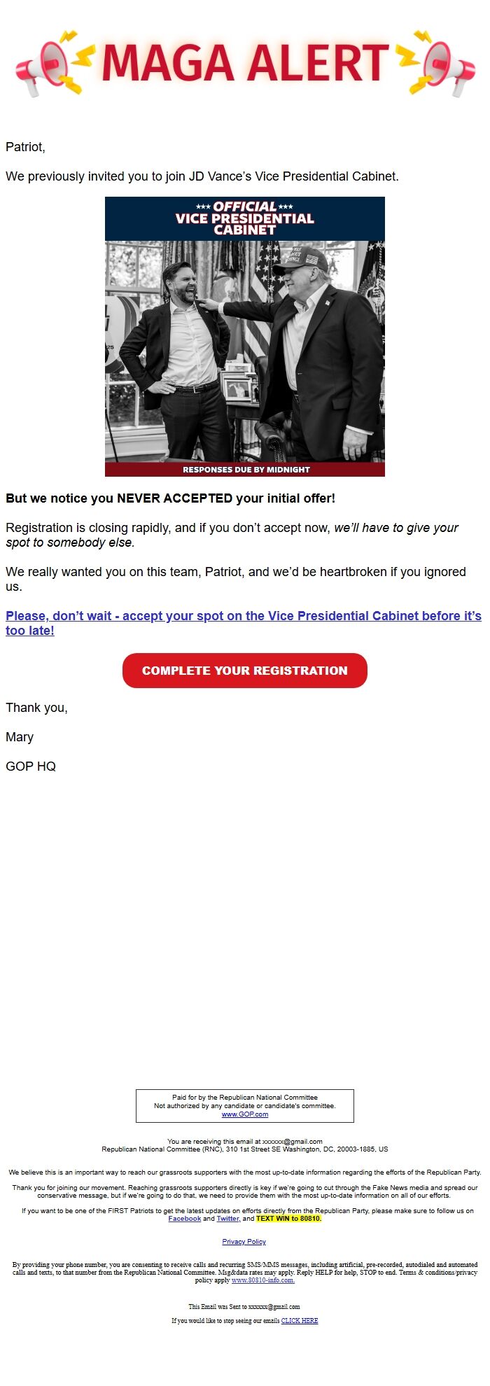 Screenshot of the email generated on import