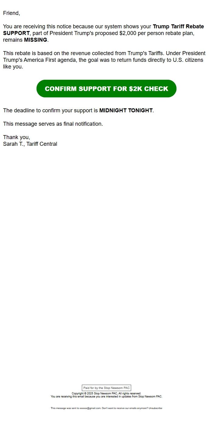 Screenshot of the email generated on import