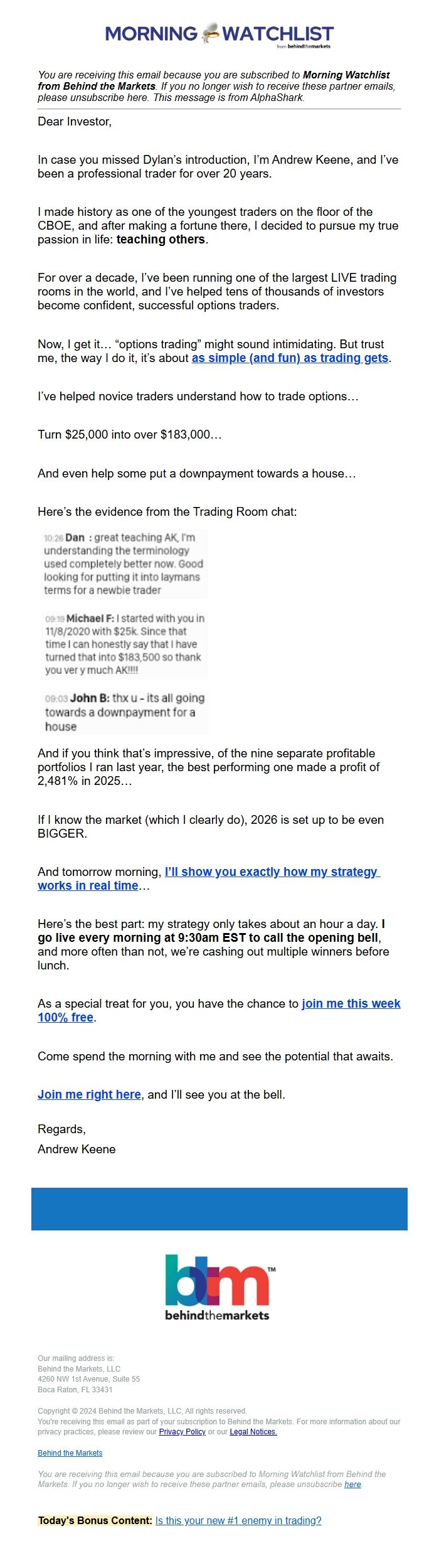 Screenshot of the email generated on import