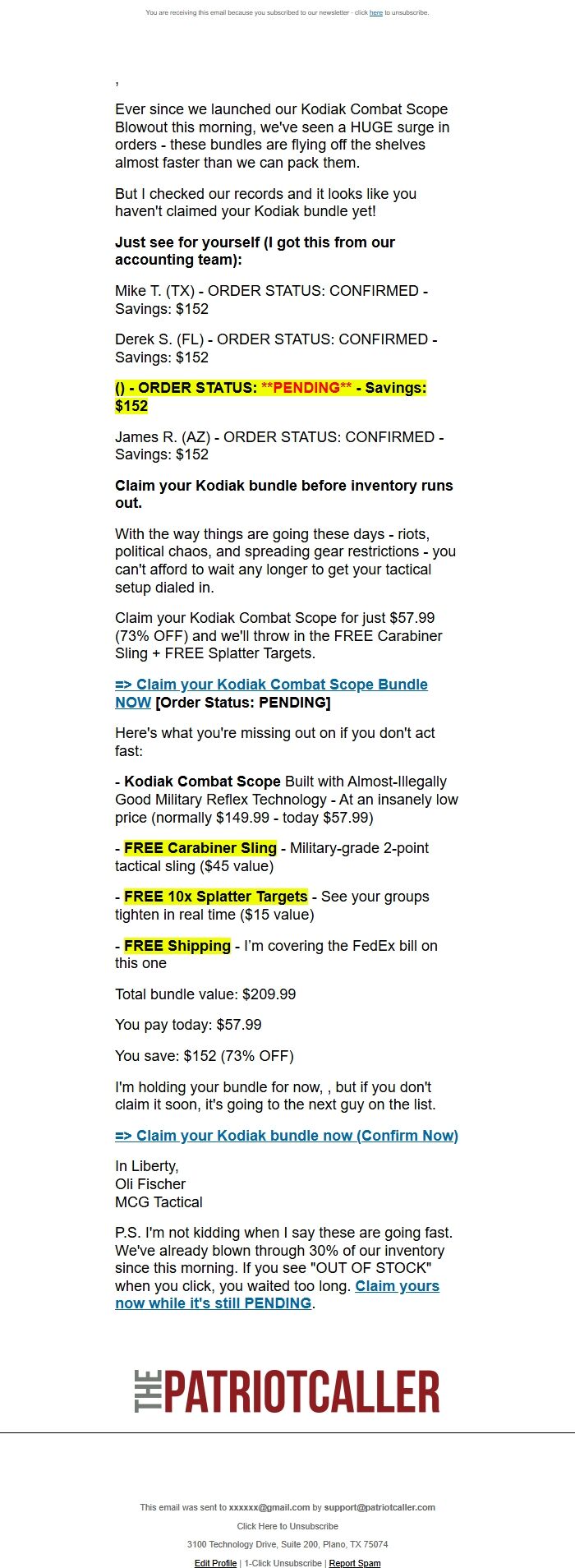 Screenshot of the email generated on import