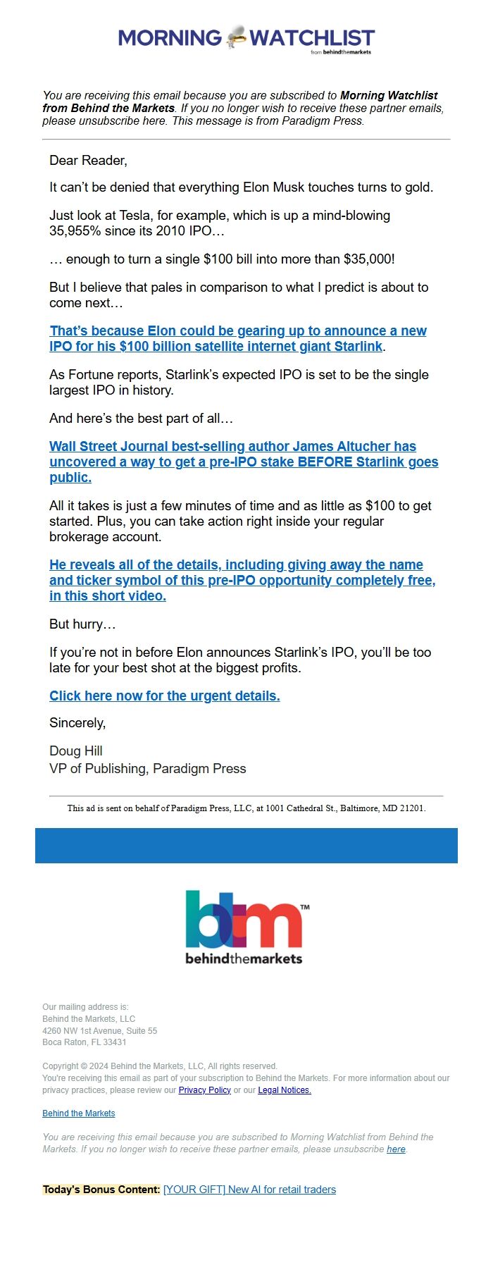 Screenshot of the email generated on import