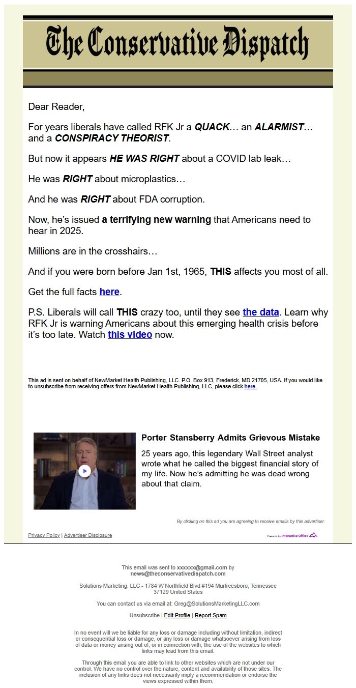 Screenshot of the email generated on import