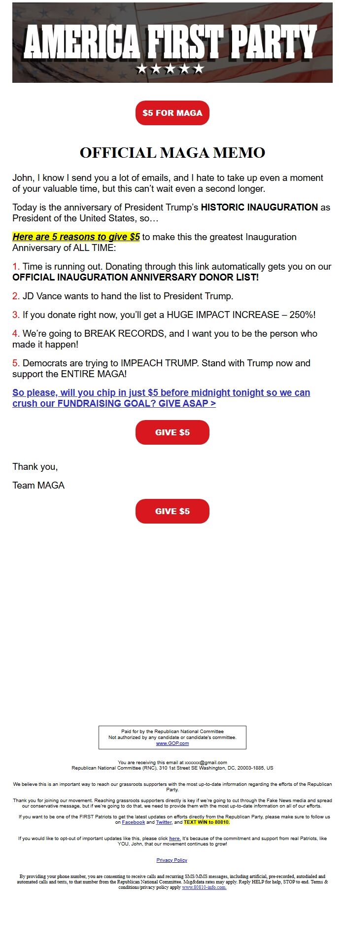 Screenshot of the email generated on import