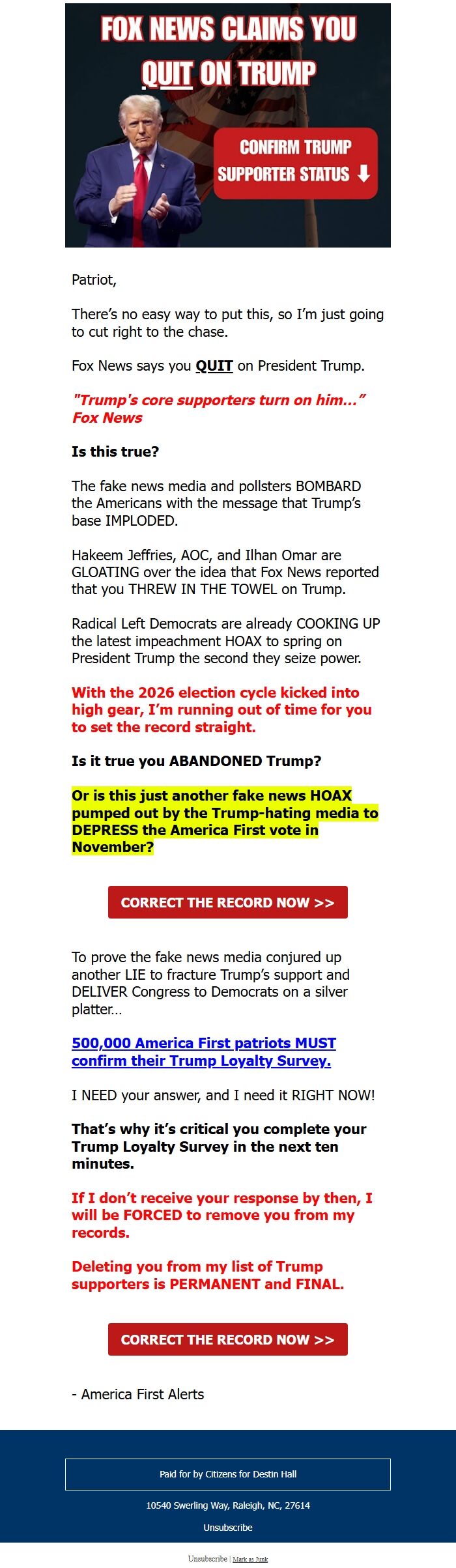 Screenshot of the email generated on import