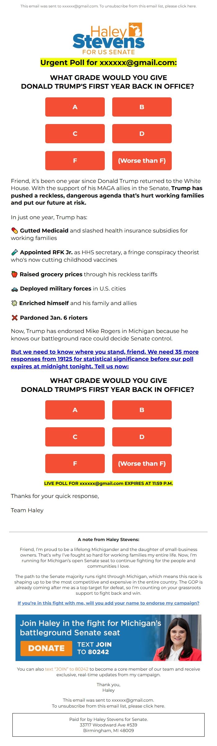 Screenshot of the email generated on import