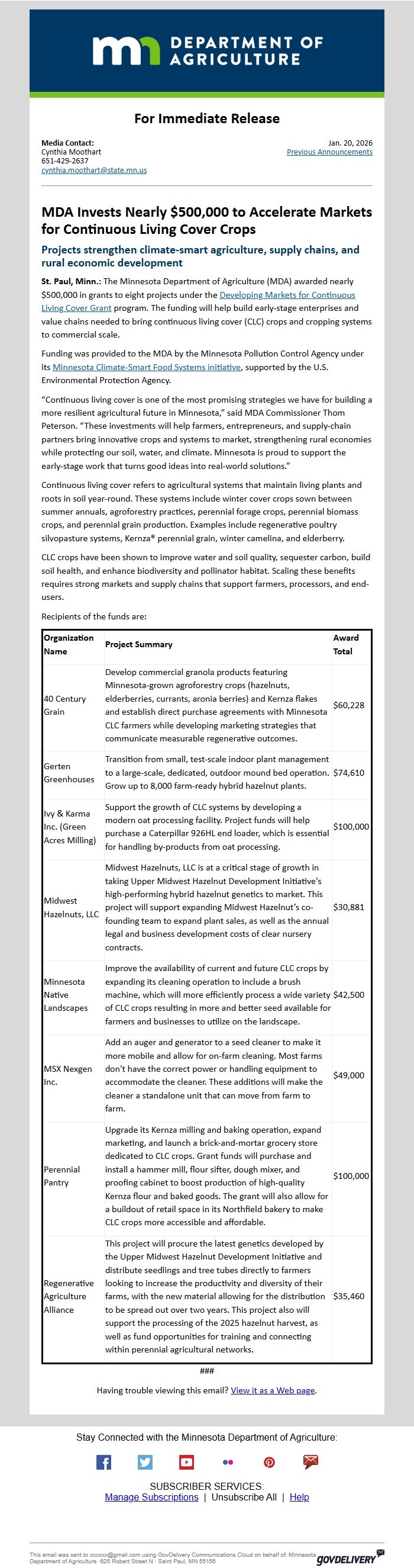 Screenshot of the email generated on import