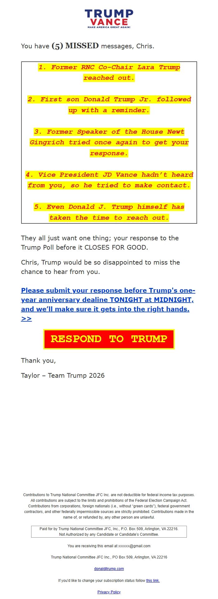 Screenshot of the email generated on import