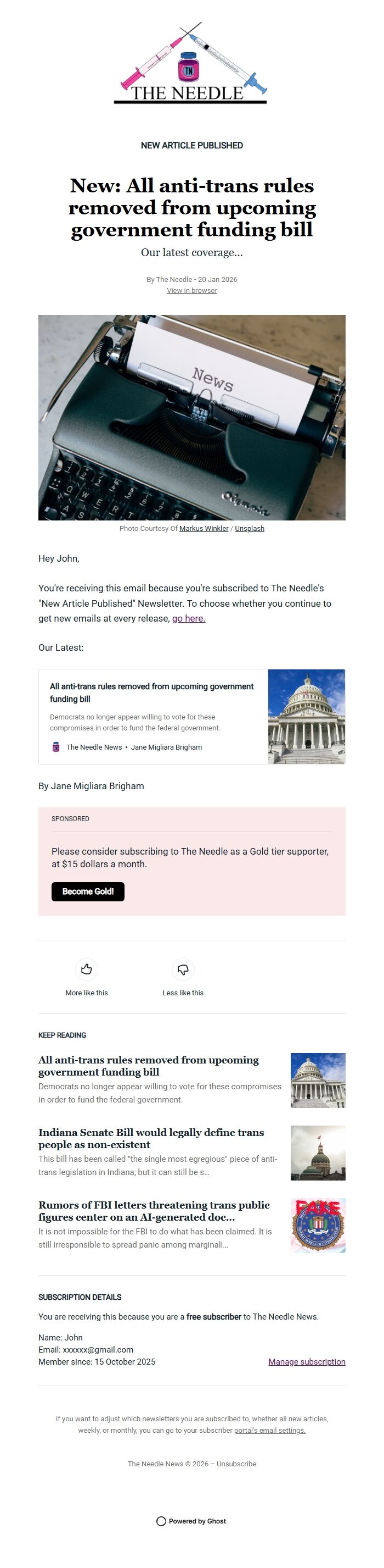 Screenshot of the email generated on import