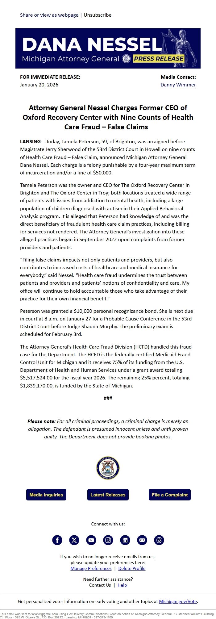 Screenshot of the email generated on import