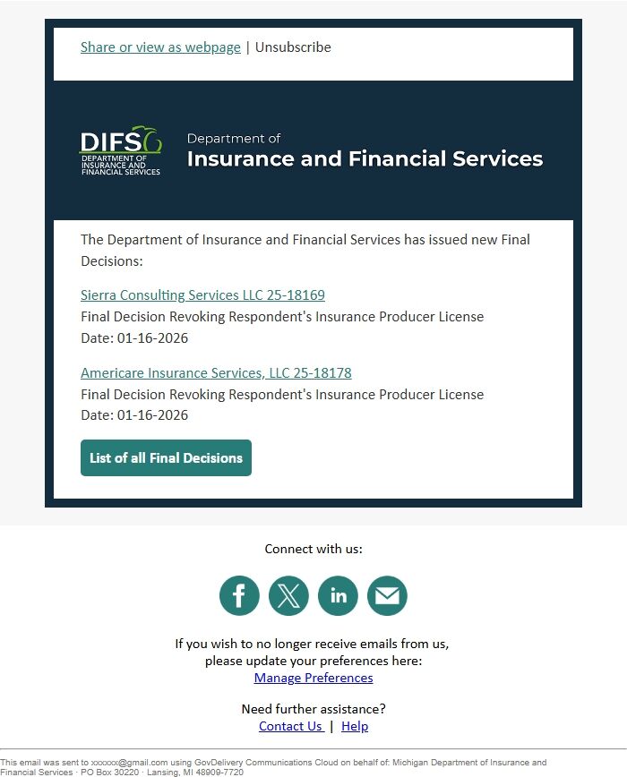 Screenshot of the email generated on import