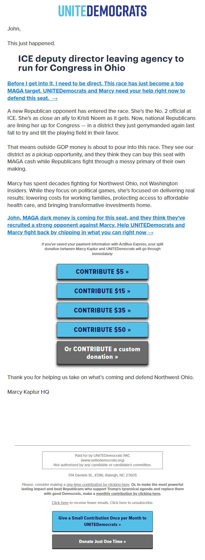 Screenshot of the email generated on import