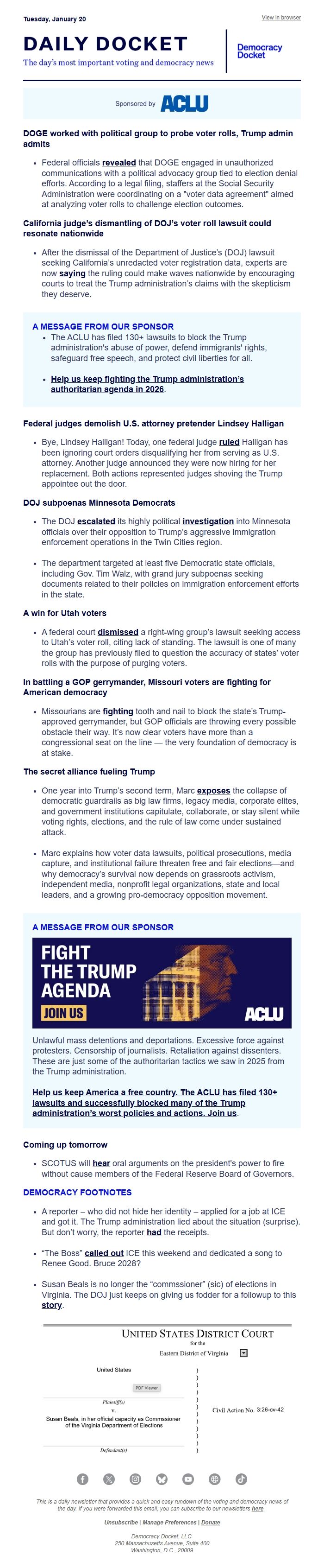 Screenshot of the email generated on import