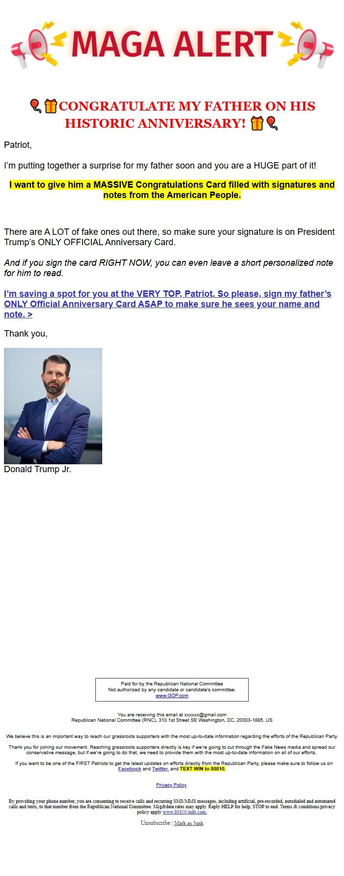 Screenshot of the email generated on import