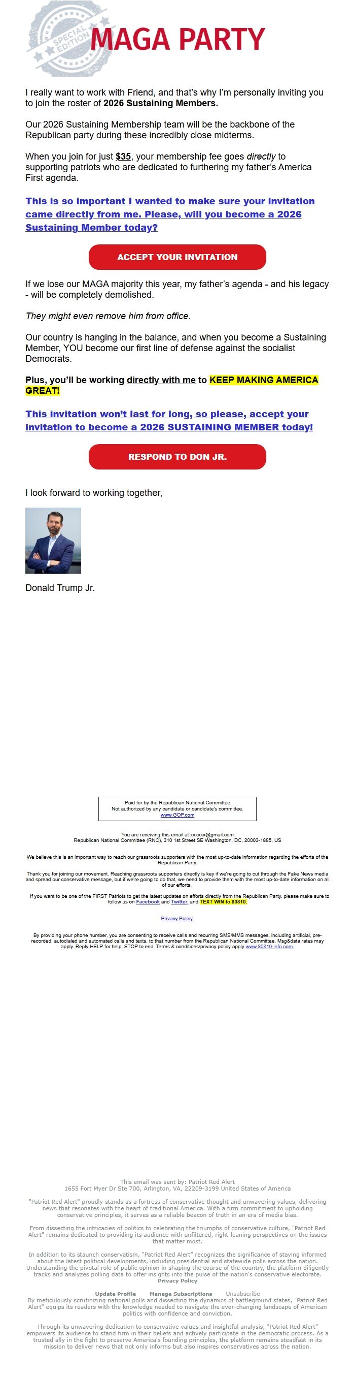 Screenshot of the email generated on import