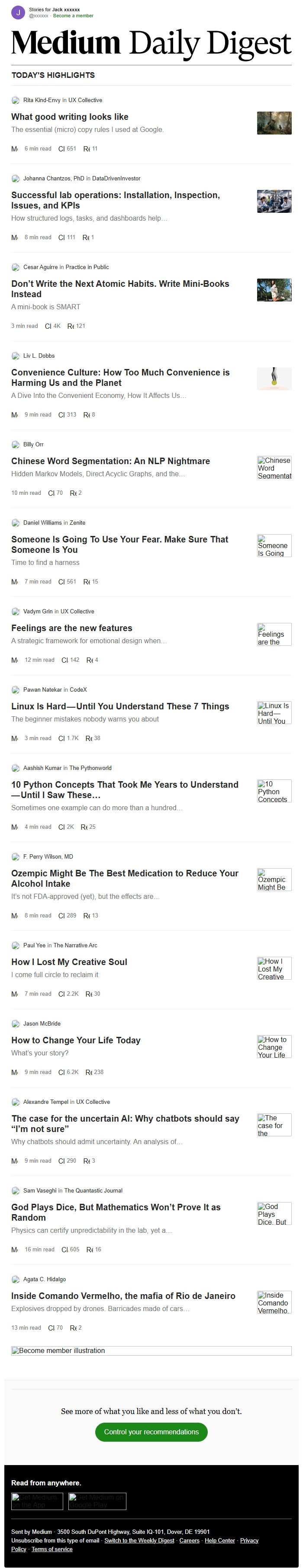 Screenshot of the email generated on import