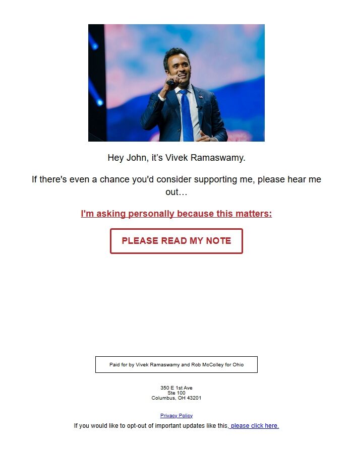 Screenshot of the email generated on import