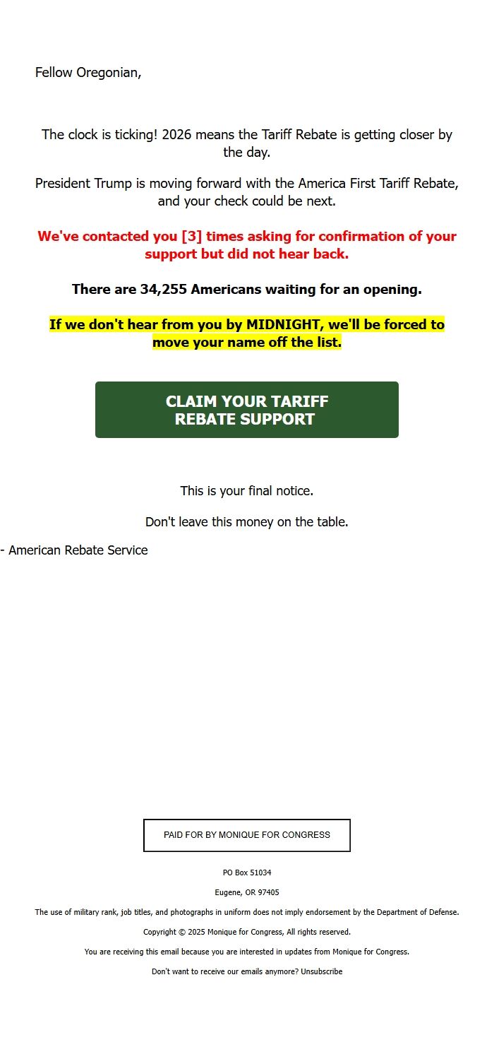 Screenshot of the email generated on import