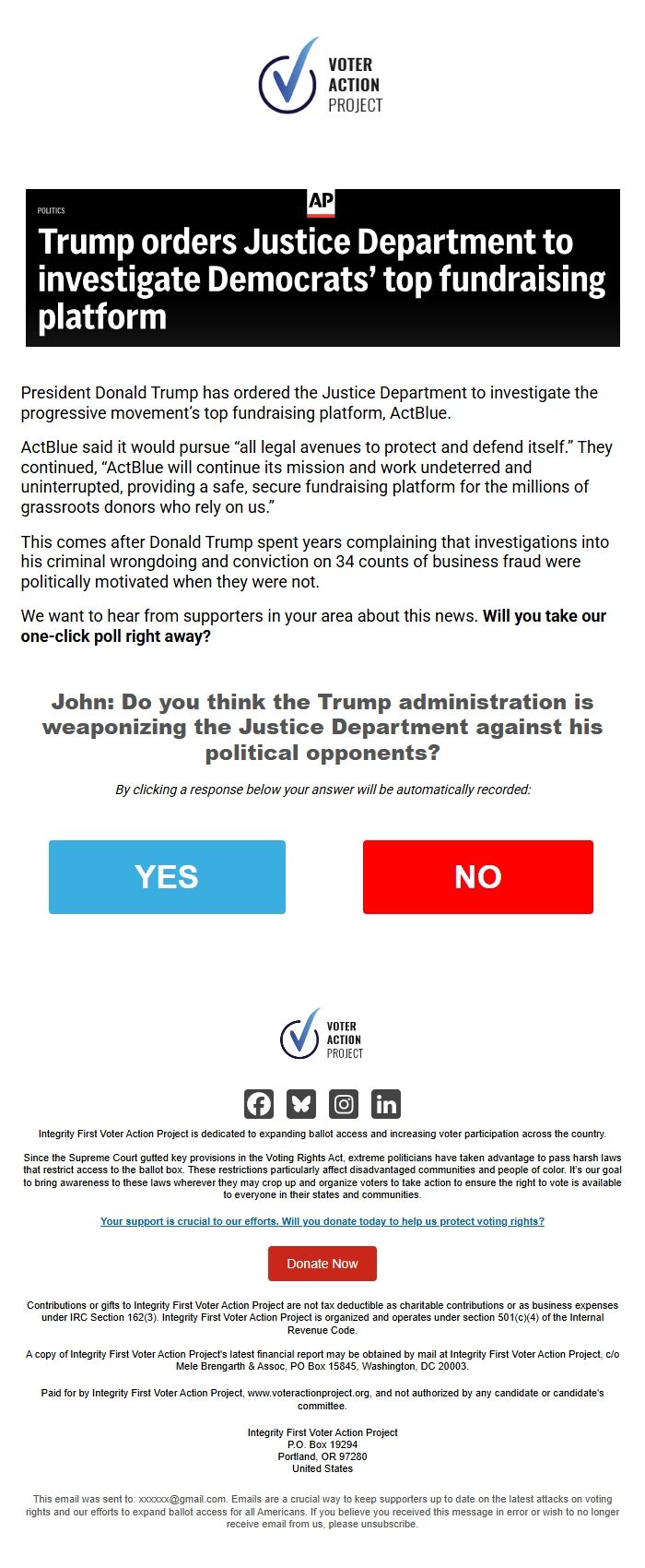 Screenshot of the email generated on import