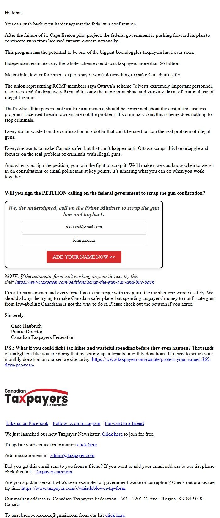 Screenshot of the email generated on import