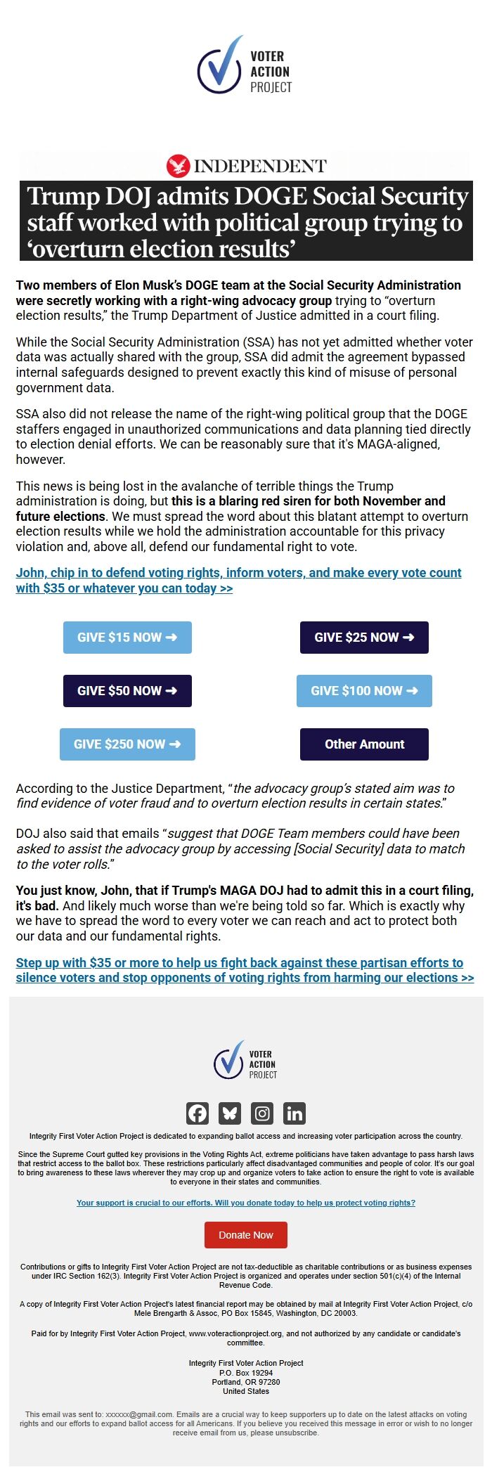 Screenshot of the email generated on import