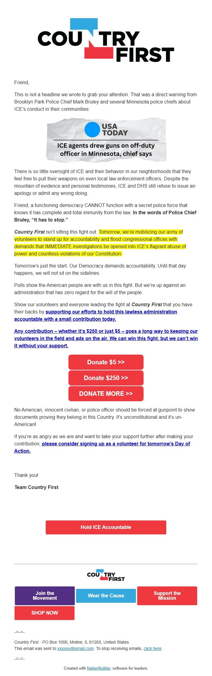 Screenshot of the email generated on import