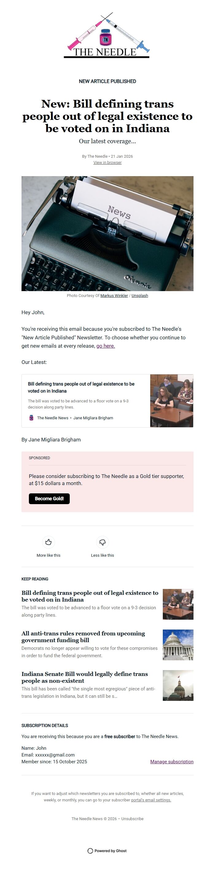 Screenshot of the email generated on import