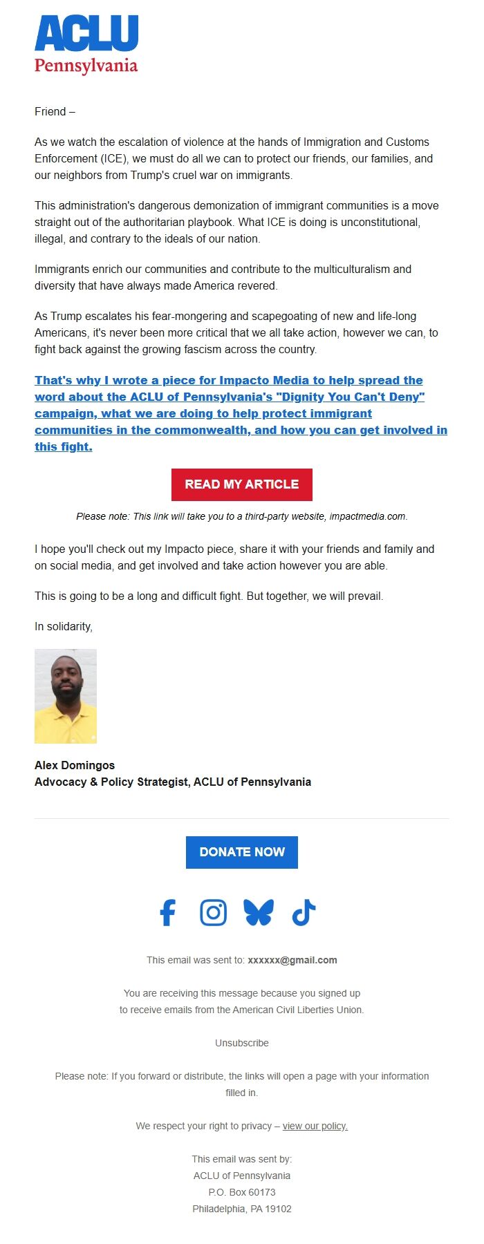 Screenshot of the email generated on import