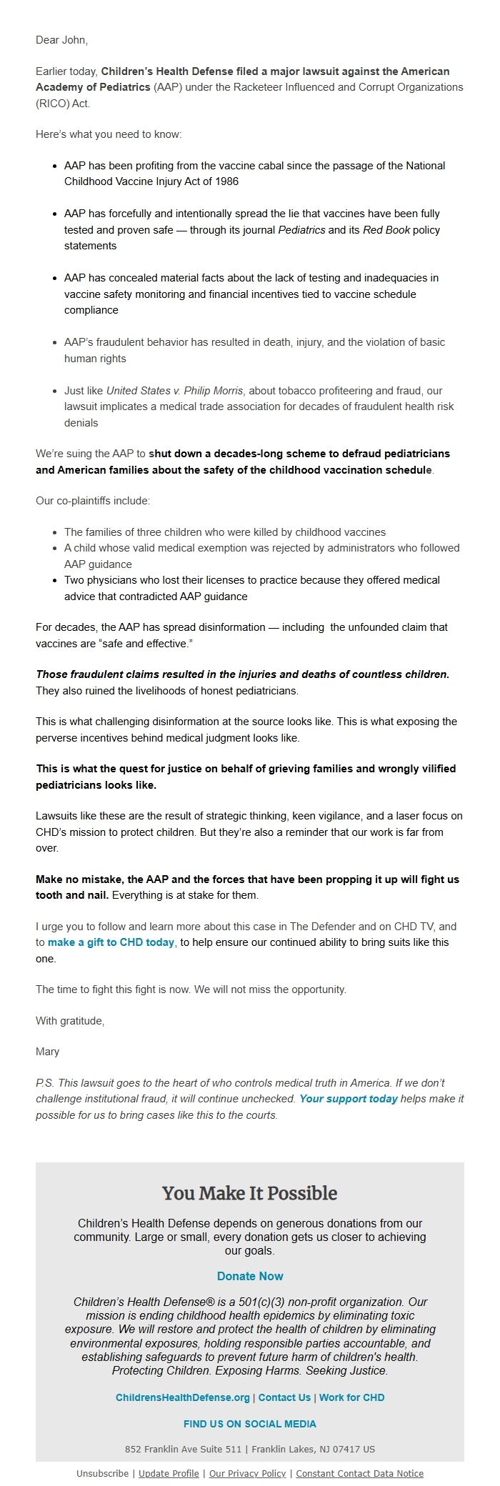 Screenshot of the email generated on import