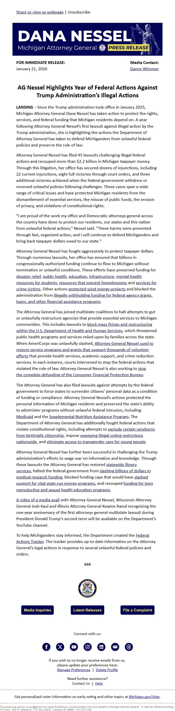 Screenshot of the email generated on import