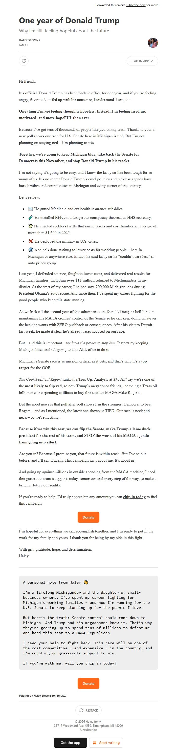 Screenshot of the email generated on import