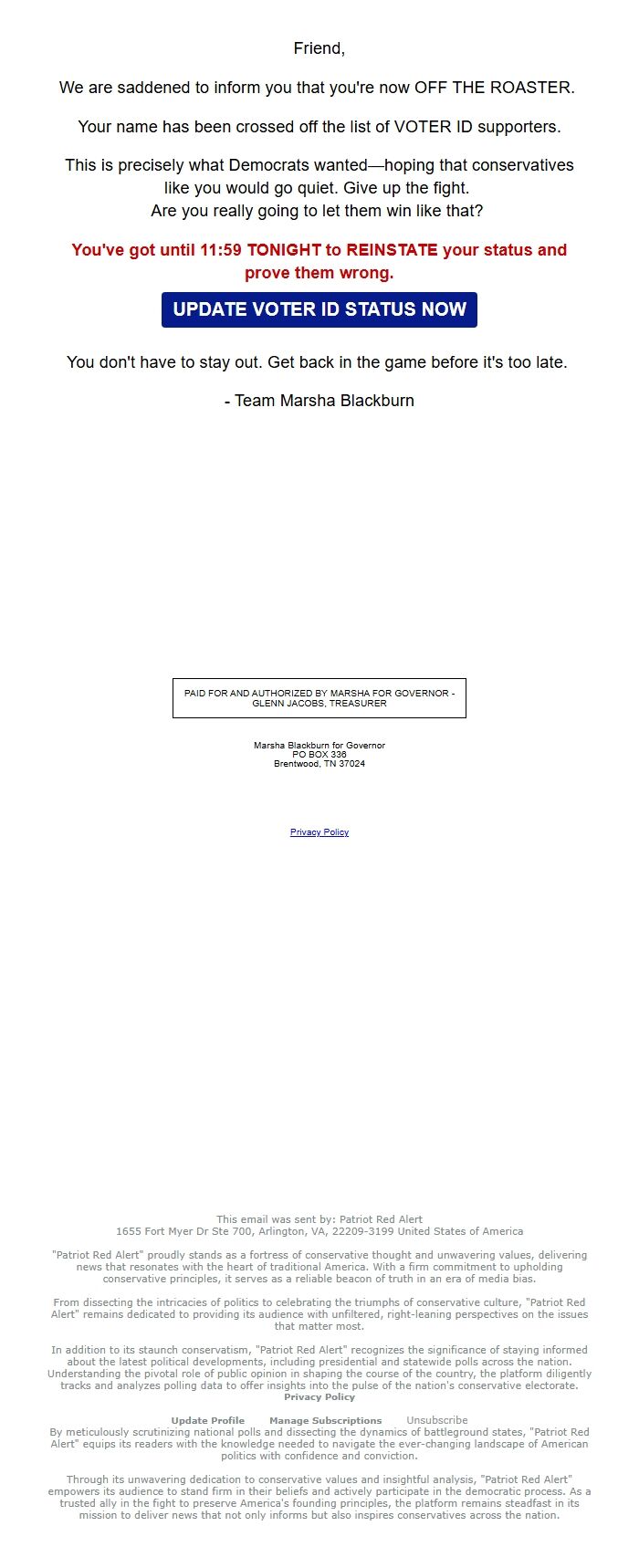 Screenshot of the email generated on import