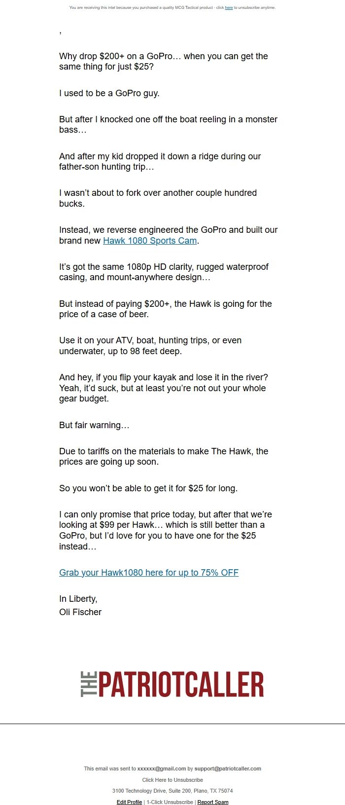 Screenshot of the email generated on import