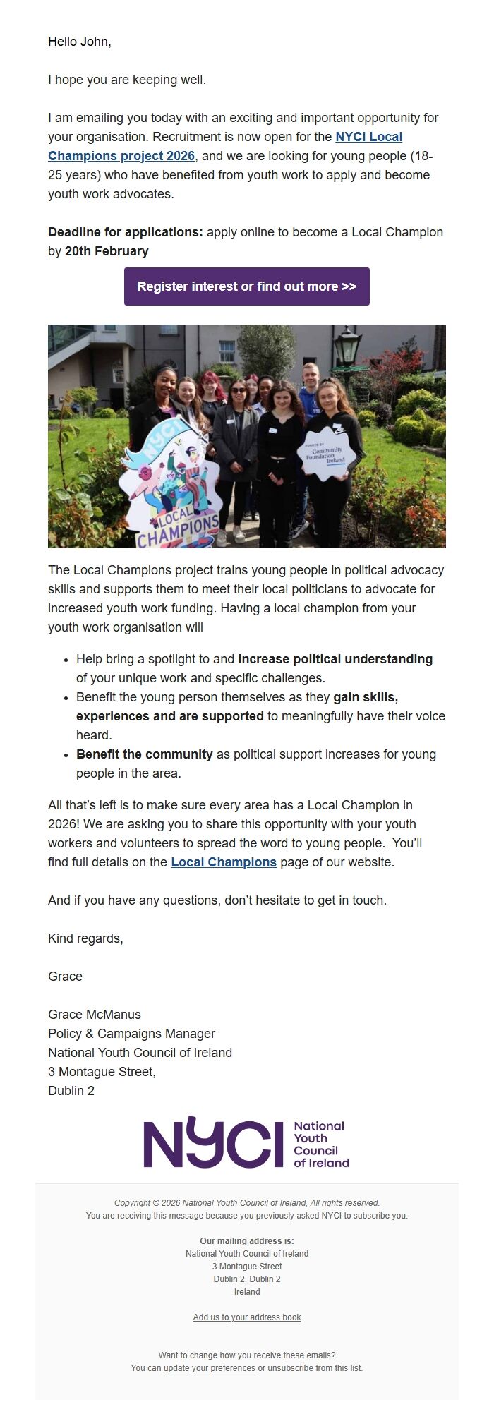 Screenshot of the email generated on import